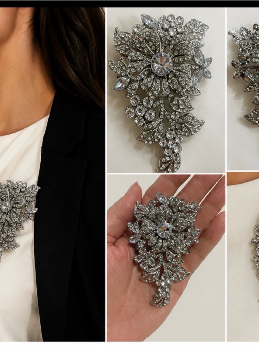 Crystal Silver Floral Rhinestone Brooch - Women Jewelry